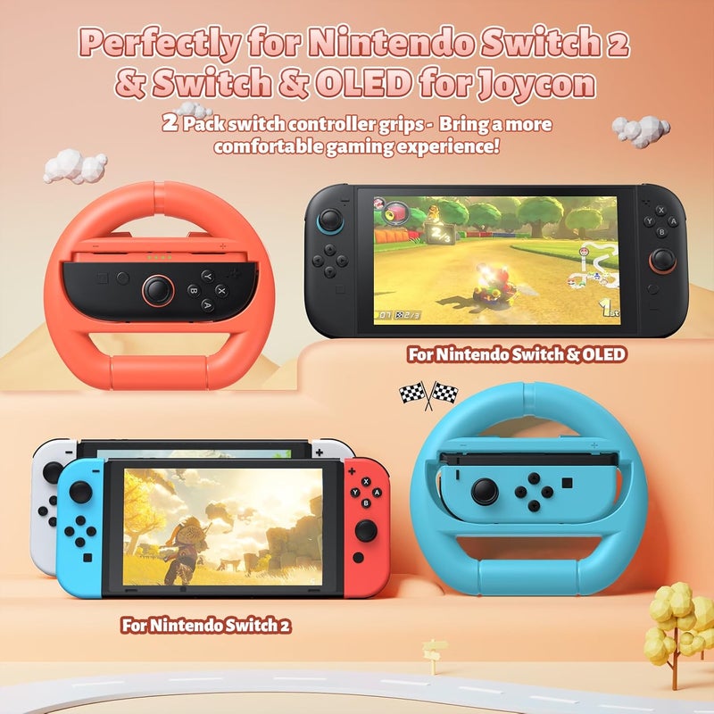 FASTSNAIL [Switch 1/2 Compatible] Steering Wheels for Nintendo Switch 2/1/OLED for Joy-Con 2, Racing Wheels for Mario Kart World/8 Deluxe Gaming, Universal Joypad Wheels 2 Pack (Orange,Blue) - Image 2